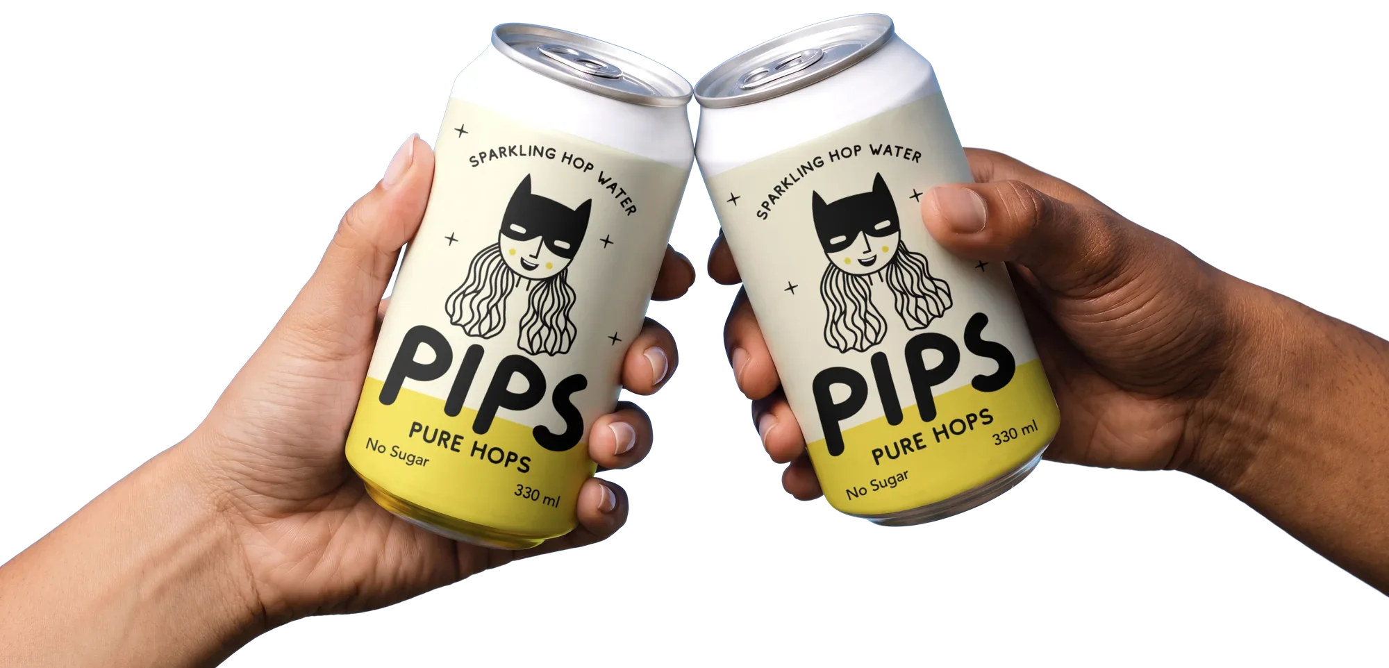 Two hands clinking cans of Pips Pure Hops